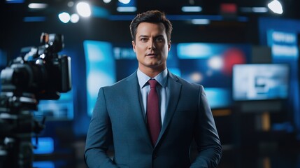 News Anchor in Television Studio, Broadcasting Live