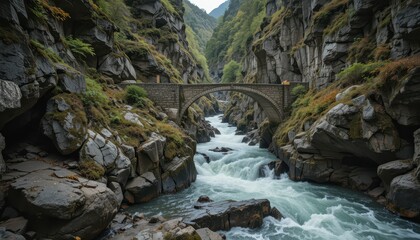 Majestic Stone Bridge Over Serene River in Rocky Canyon Landscape