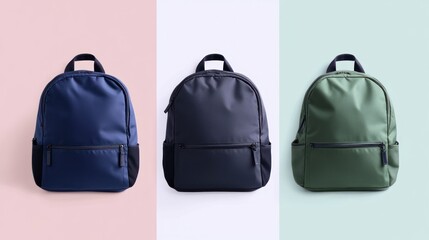 Fototapeta premium Backpack Collection Displaying Different Colors with Minimalist Background for Everyday Use