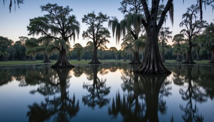 Tranquil Reflections of Cypress Trees in Still Water at Dusk