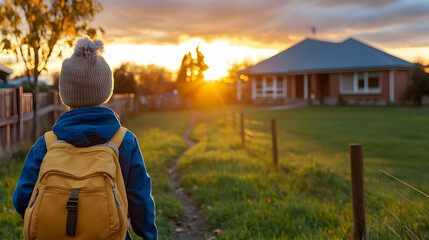 Child with backpack walking home at sunset