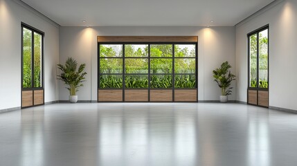 Obraz premium Bright Minimalist Room with Polished Concrete Floor and Lush Greenery View