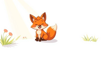 Fototapeta premium Happy cartoon fox sitting in sunlight surrounded by flowers and grass