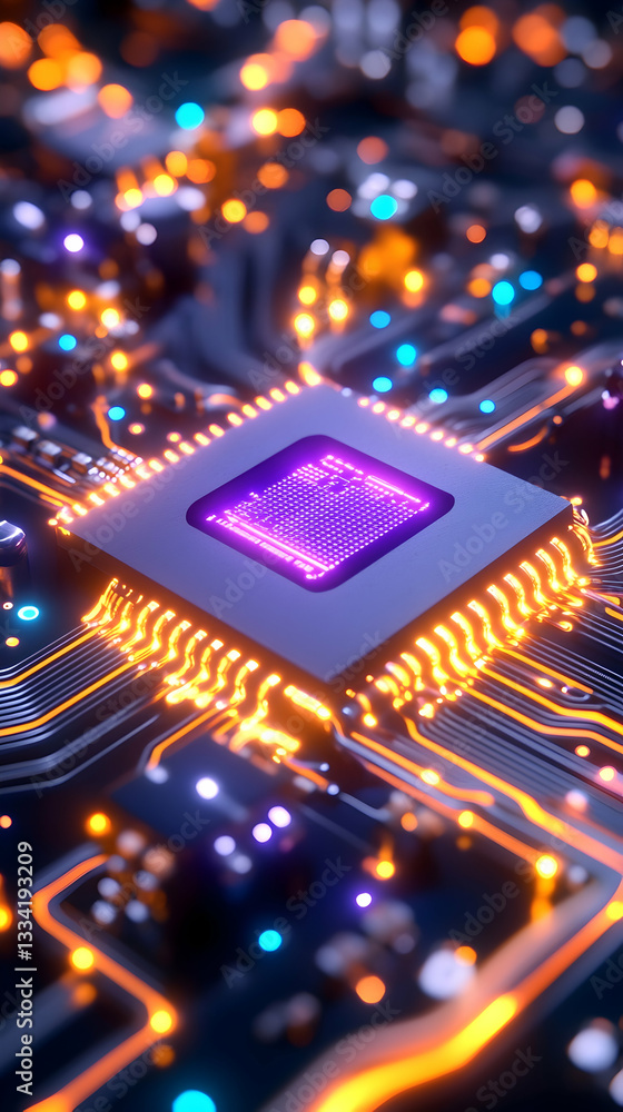 Poster close-up of illuminated cpu on circuit board