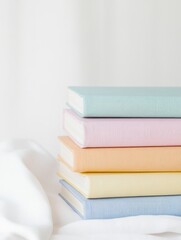 Naklejka premium Stacked Pastel Books on White Cloth Education and Learning Concept