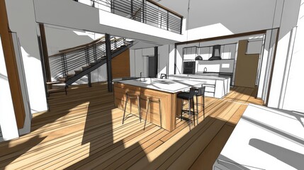 Obraz premium A modern open kitchen design with a staircase and balcony