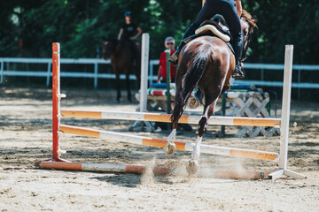 A rider elegantly guides a horse over a jump in a sunlit equestrian arena, showcasing skillful...