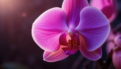 Fototapeta premium Close-Up of Pink Orchid Bloom with Soft Light and Dark Background