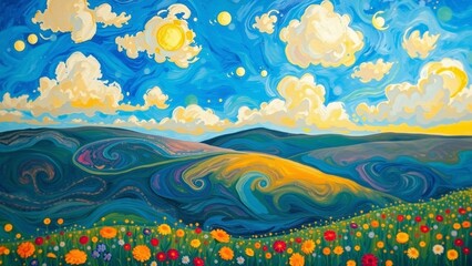 Fototapeta premium Vibrant scenic landscape painting with colorful flowers and swirling skies