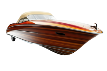 Isolated Classic Wooden Speedboat with Beige Canopy