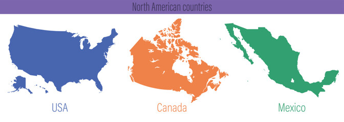 Silhouette shapes of North American countries including USA, Canada, and Mexico