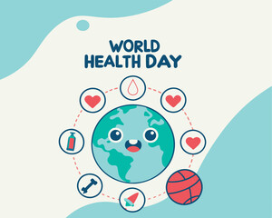 Cute Cartoon Earth for World Health Day with Heart, Basketball, and Skull