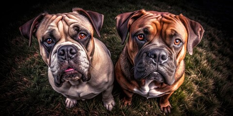 Obraz premium Aerial View Mastiff Bulldog Heads: Drone Photography, Dog Breeds, Canine Portraits, Majestic Canines