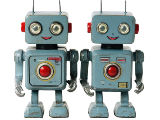 Isolated Pair of Smiling Vintage Toy Robots