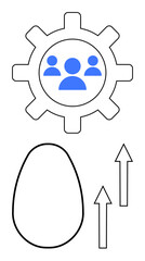 Gear with team icons signifies collaboration, egg shape represents potential, arrows point to growth. Ideal for teamwork, innovation, progress, organization, development ambition motivation. Flat