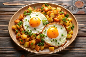 Fried eggs with vegetables and bacon on a plate with a side of rice and soup, a healthy and delicious meal