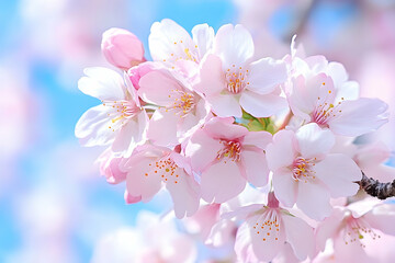 Obraz premium Delicate pink cherry blossoms against a bright blue sky