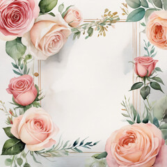 Blank rose wedding invitation surrounded by watercolor flowers.