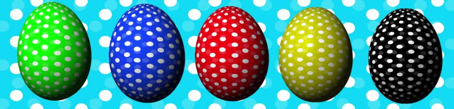 Easter eggs in motion with polka dot pattern on green background