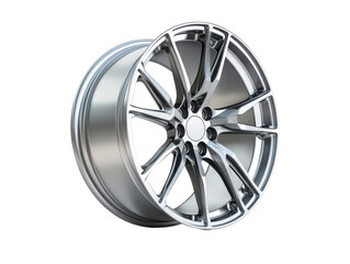 Obraz premium Isolated Reflective Silver Car Wheel with Radial Spoke Design