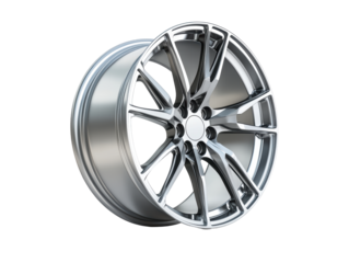 Isolated Reflective Silver Car Wheel with Radial Spoke Design