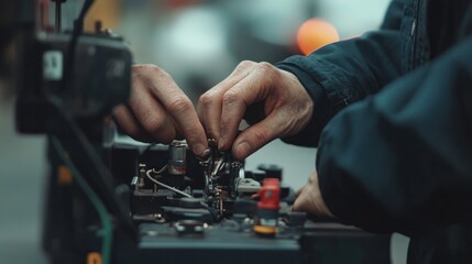 Close-up of hands meticulously working on intricate camera equipment.