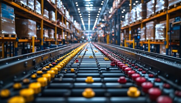 Automated conveyance system moving items through a large warehouse setting