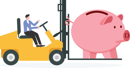 Delivery or moving piggy bank concept. Forklift with house

