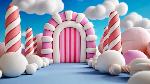 Pink yellow 3d candy castle towering over whimsical sugary terrain, pastel hills, colorful dwellings beneath dreamy blue cloudscape a blue sky background video 4k