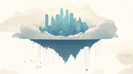 Fototapeta premium A digital illustration depicting a stylized cityscape floating on a cloud-like formation above a body of water. The city is rendered in shades of blue and white, with a painterly, textured style.