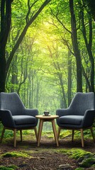 Fototapeta premium Chairs & Coffee in Forest Relaxing nature escape with lush green trees, ideal for calm backgrounds