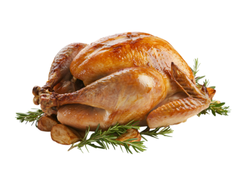 A beautifully roasted turkey, a centerpiece for festive celebrations, perfectly cooked and ready to serve. transparent background, cut out, PNG 3D Digital Art.