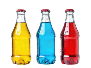 Isolated Group of Three Colorful Glass Soda Bottles with Condensation