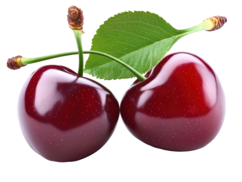 Isolated Pair of Glossy Dark Red Cherries with Stems and Leaf