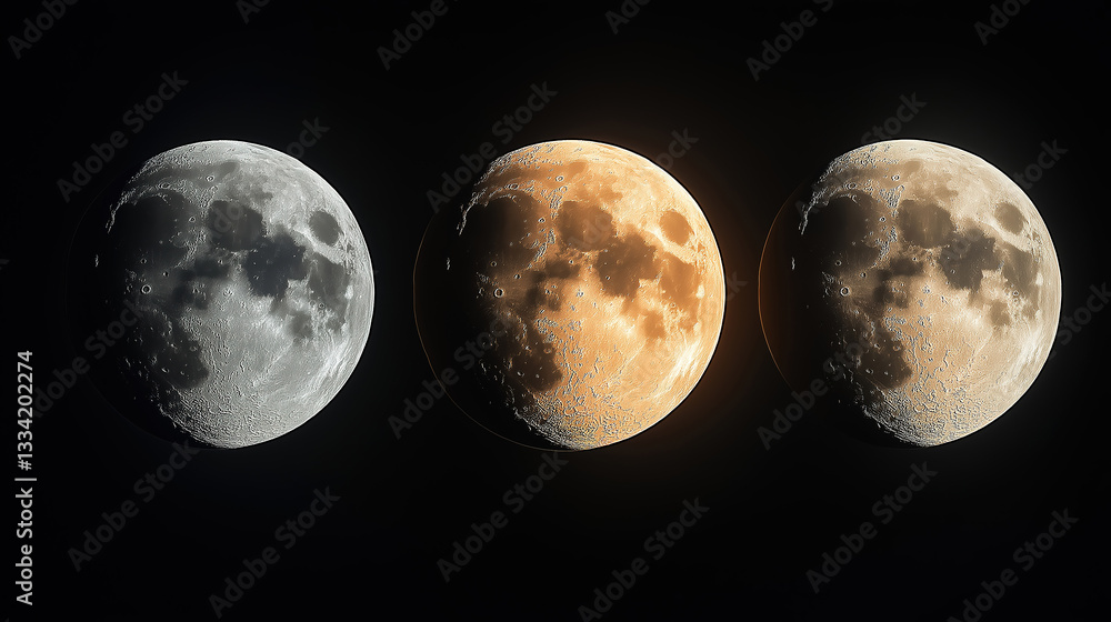 Poster beautiful sequence of the moon's phases on a dark black background creating a celestial view