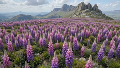 Obraz premium Vibrant Lupine Flowers Blooming in Scenic Mountain Landscape