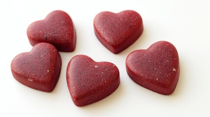 Obraz premium Four Red Heart-Shaped Candies on White Background