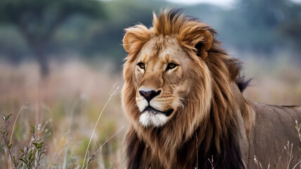 Fototapeta premium A portrait of a wild male lion with a beautiful mane. He is the king of the jungle. The lion is in a savannah habitat with tall grass.