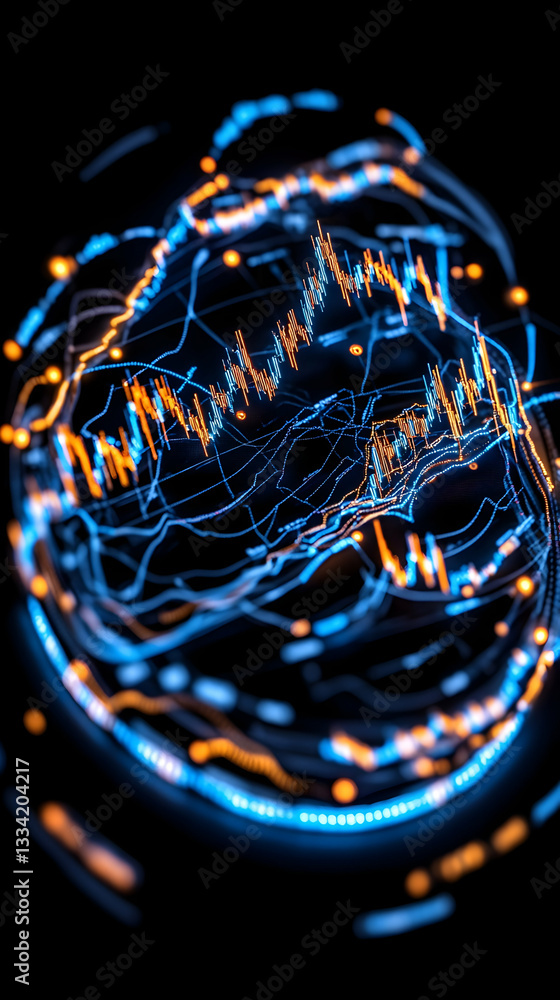 Poster global network data visualization with dynamic light trails forming a sphere, showcasing fluctuating