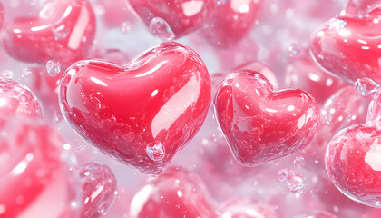 Glistening red hearts float in a dreamy, bubbly scene