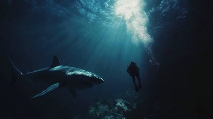 Underwater Encounter: Diver swimming alongside a magnificent great white shark in deep sea