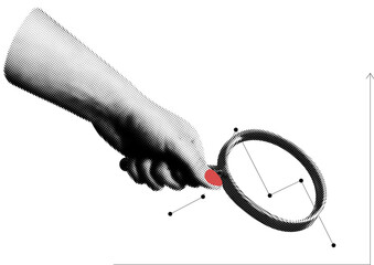 stylish collage monochrome halftone hand with magnifying glass, find, search statistics graph in vector cut out element sticker