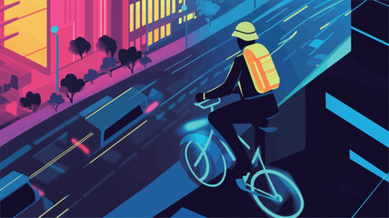 Obraz premium A stylized illustration depicting a delivery rider on a bicycle at night in a vibrant, futuristic cityscape. The illustration utilizes a bold color palette of neon pinks, blues, and purples. The