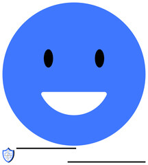 Blue smiling face with bold black eyes and a white smile, accompanied by a small shield. Ideal for positivity, happiness, security, simplicity concepts, trust, protection themes, flat simple metaphor