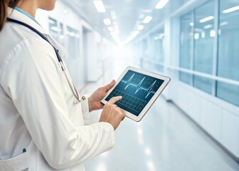 A doctor in a white coat holding a digital tablet displaying a real-time ECG (electrocardiogram) graph. The background is bright and sterile, emphasizing modern medical technology