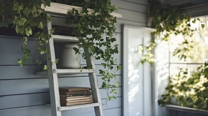 A repurposed wooden ladder used as a decorative vintage bookshelf.