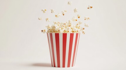 Popcorn leaps into striped bucket; white backdrop