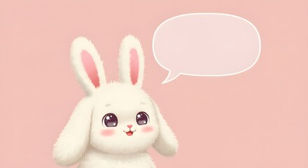 Cute White Bunny with Speech Bubble on Pink Background Illustration