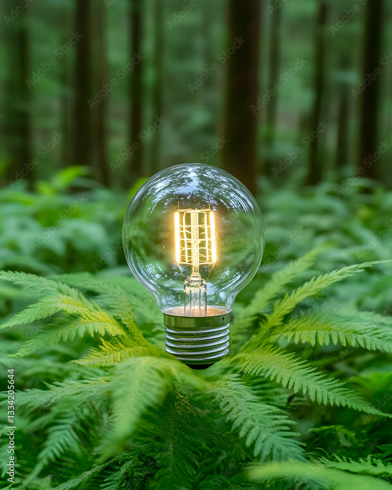 Poster glowing lightbulb nestled in lush green ferns within a forest setting