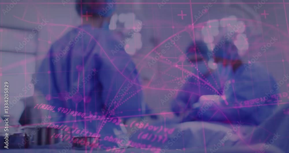 Poster performing surgery, medical team using animation and digital data in operating room